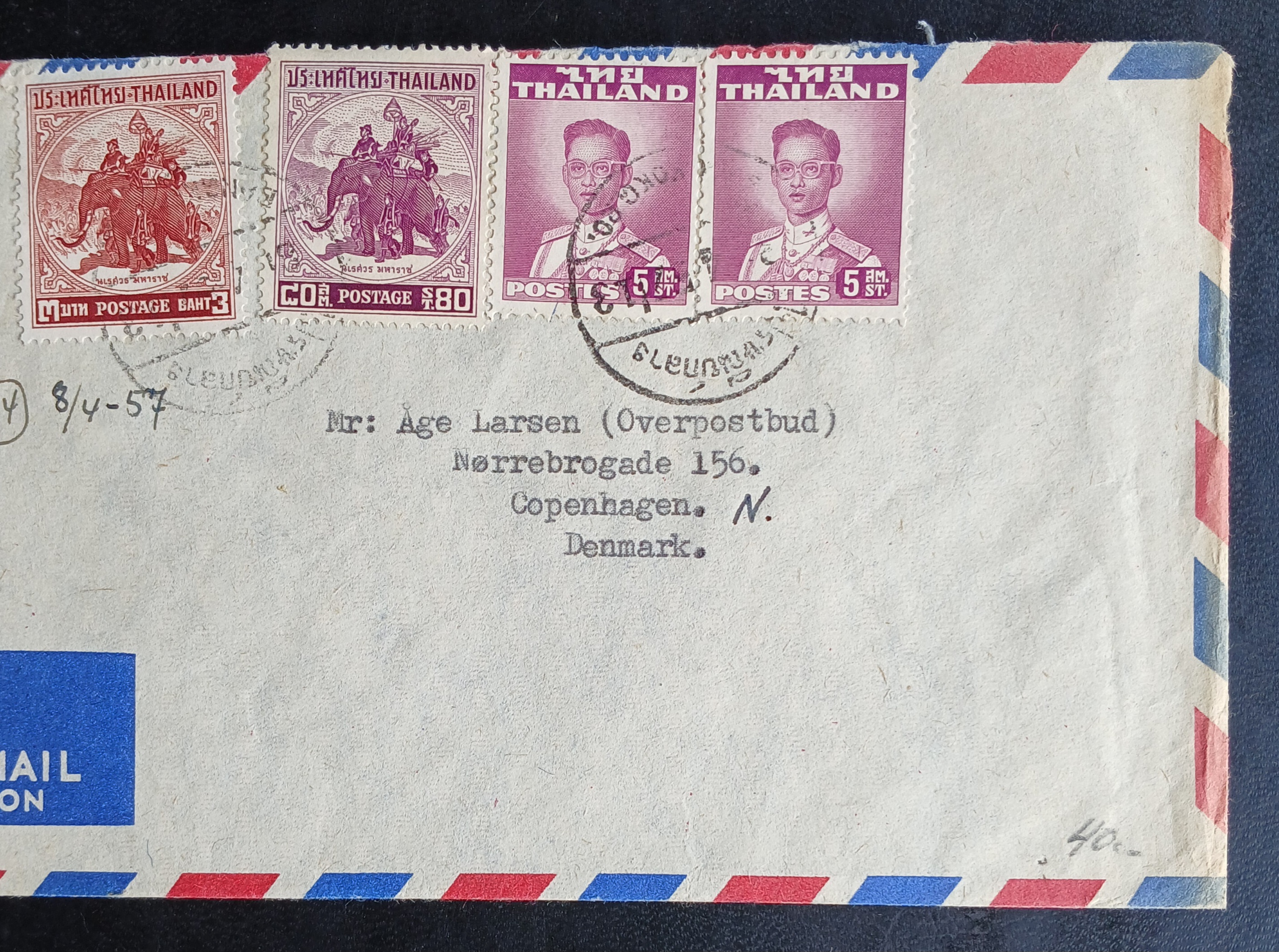 s3471-ซองจดหมายเก่า BANGKOK-Copenhagen DENMARK ติดแสตมป์พระรูป ร.9 THAILAND ปี 2494, พระนเรศวร 2498 (ราคาหน้าดวง รวม 3 บาท 90 สตางค์) มีตราประทับ ไปรษณีย์กลาง 1957 พ.ศ.2500 มีกระดาษไส้ในสีเหลือง