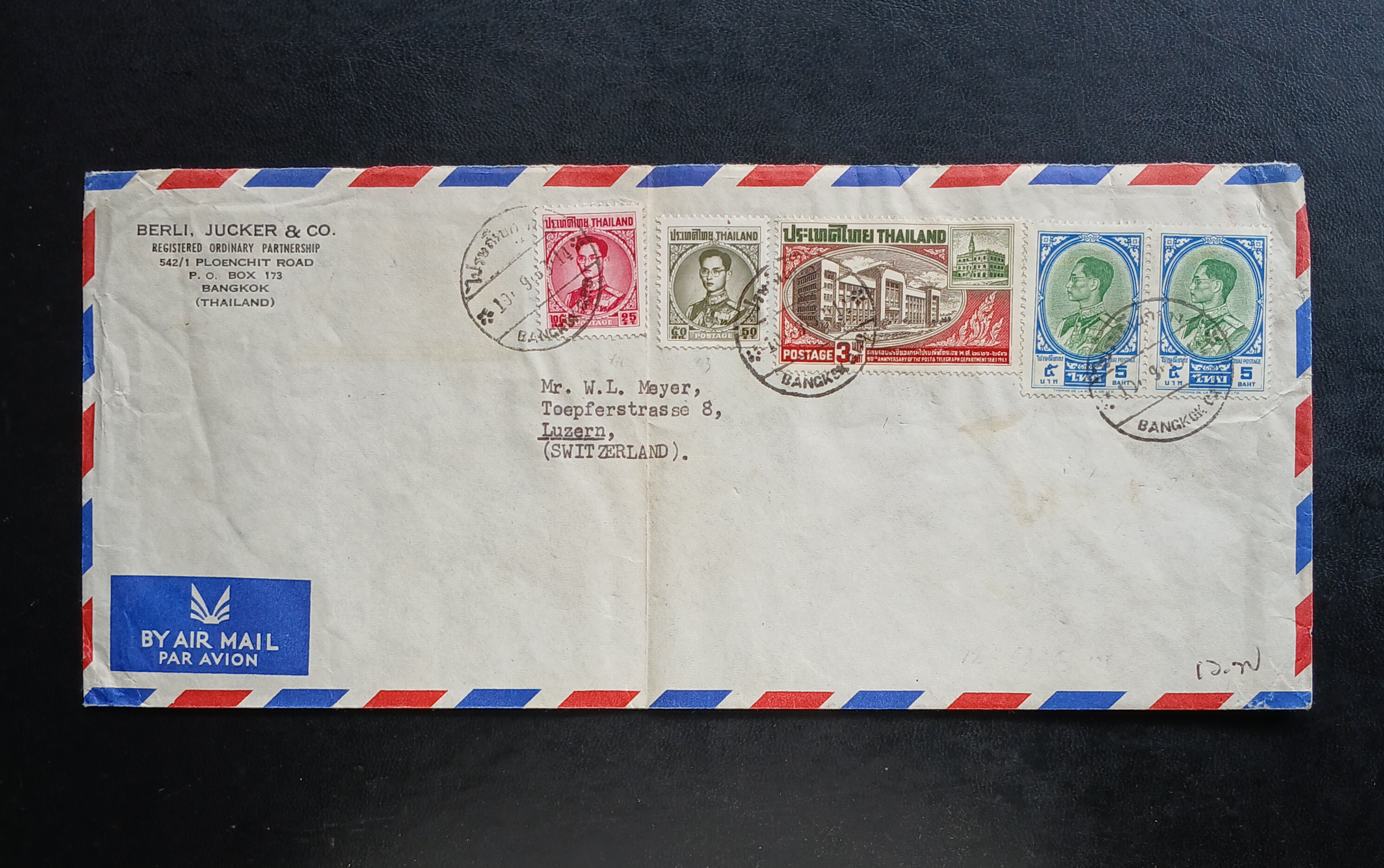 ซองจดหมายเก่า ปี 2506 (1963) BANGKOK-Luzern SWITZERLAND ติดแสตมป์พระรูป ร.9 ชุดสาม ปี 2504, ชุดสี่ ปี 2506, 80 ปี ไปรษณีย์โทรเลข ปี 2506 มีตราประทับ ไปรษณีย์กลาง 1963