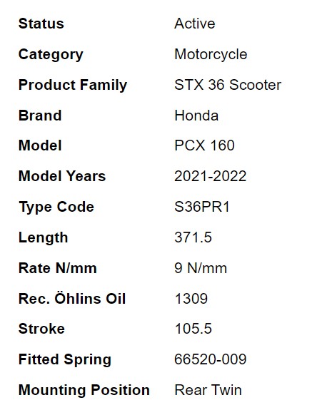 โช๊คหลัง OHLINS HO 112 FOR HONDA PCX160