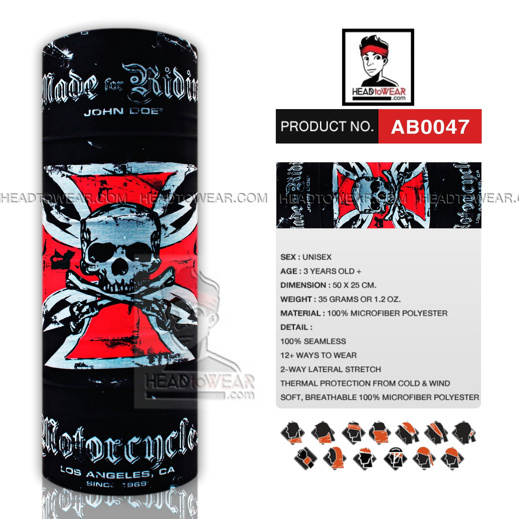ผ้าโพกหัว ผ้าบัฟ ผ้าคาดผม HeadToWear ลายกระโหลก รหัส AB0047