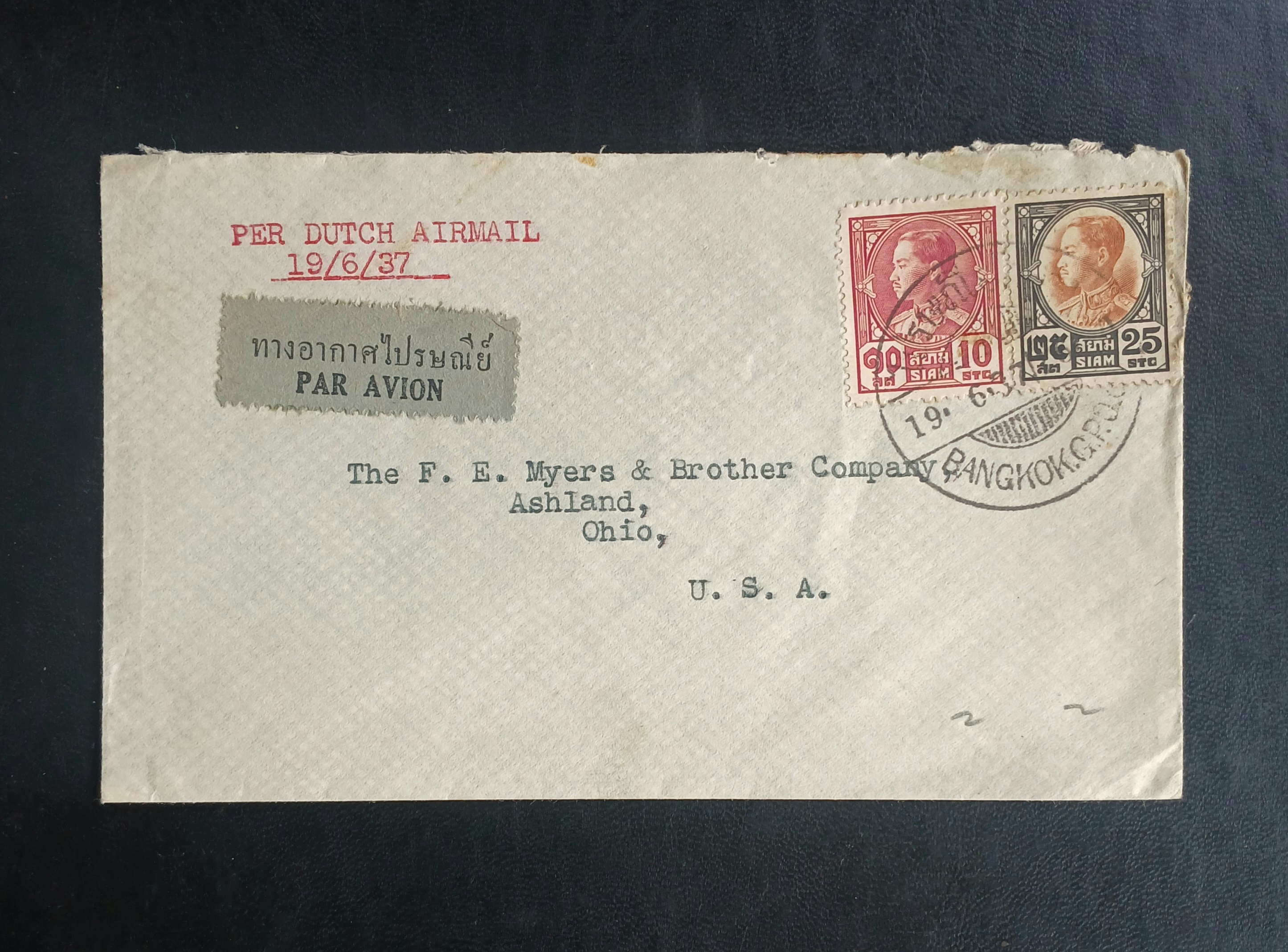 ซองจดหมายเก่า BANGKOK, SIAM - Ohio, U.S.A ติดแสตมป์พระรูป ร.7 ประชาธิปก ปี 2471 มีตราประทับ ไปรษณีย์กลาง 1937 พ.ศ.2480