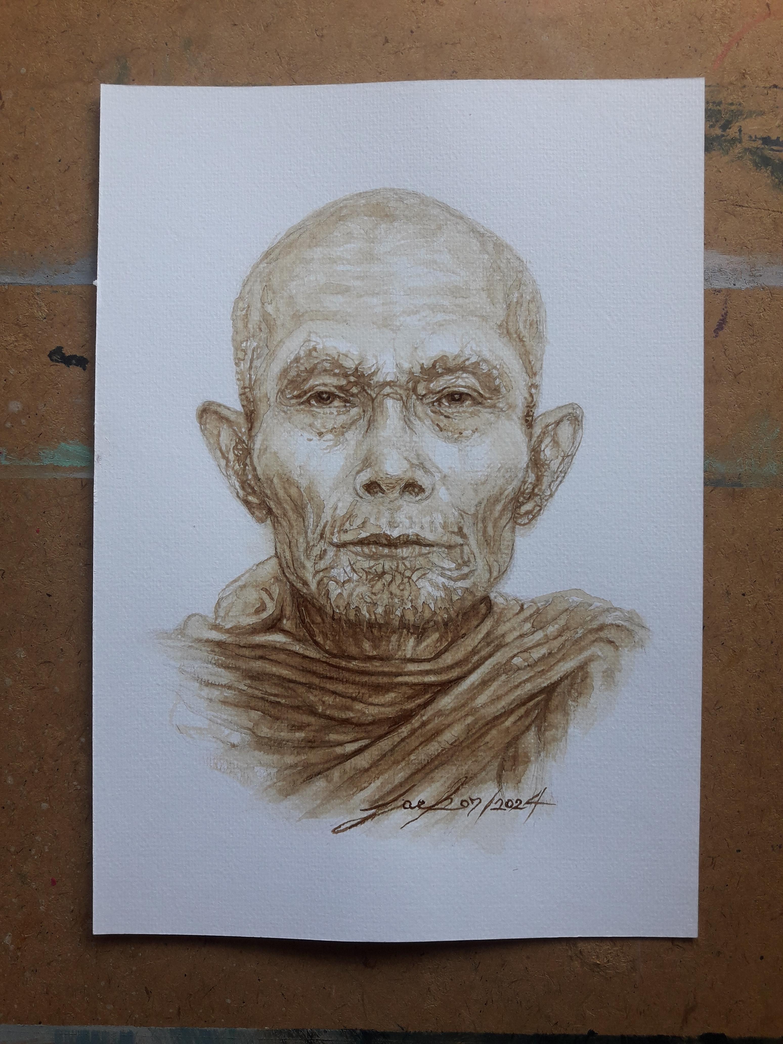 หลวงปู่หลิว วัดไร่แตงทอง จ.นครปฐม ภาพวาดจากกาแฟ บนกระดาษ Canson 320 แกรม ขนาด [A4] 21 cm. x 29.7 cm.งานวาด ไม่ใช่ภาพพิมพ์หรือโปสเตอร์ครับ