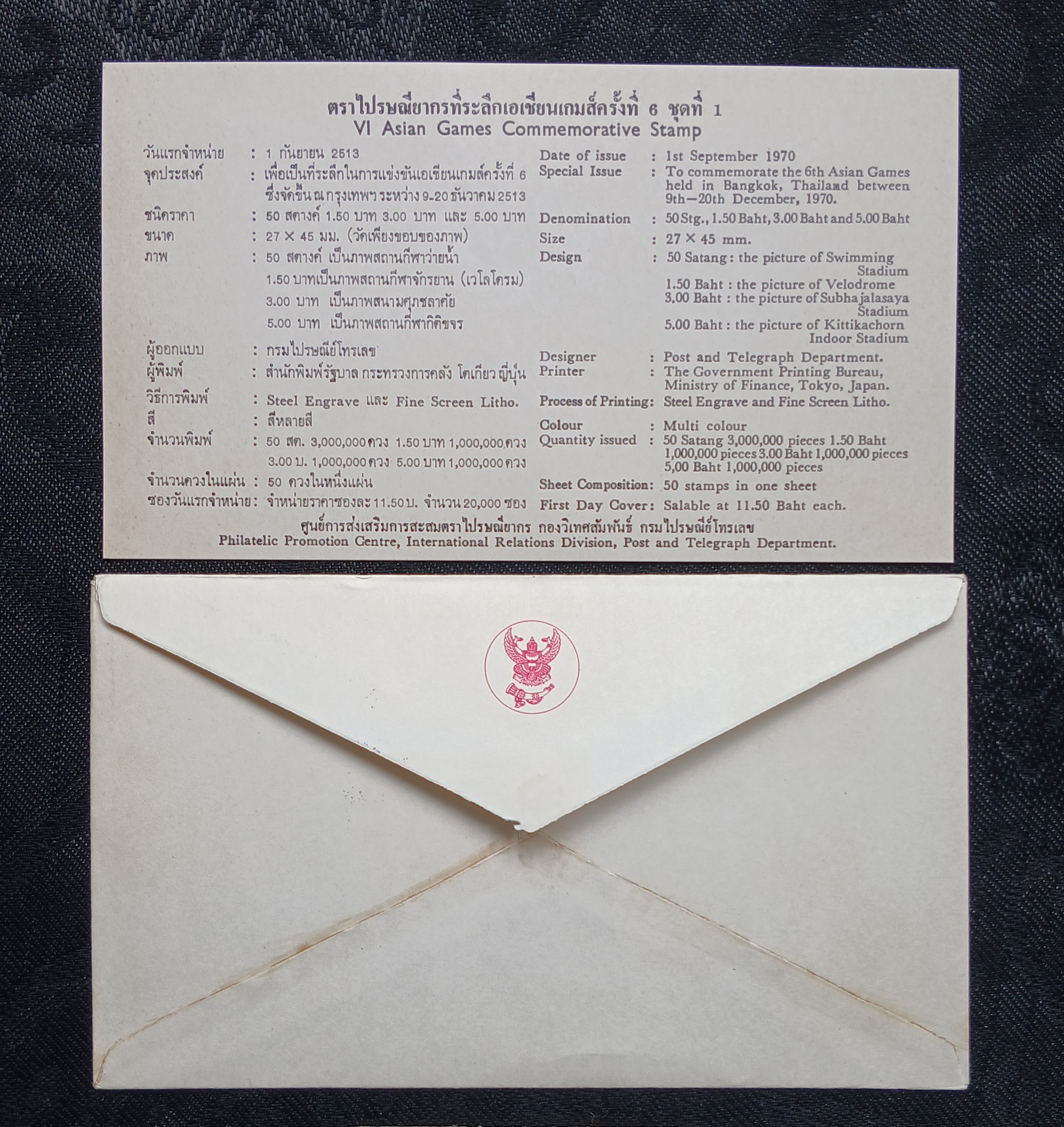 F.D.C.First Day Cover ซองวันแรกจำหน่าย เอเชี่ยนเกมส์ ปี 2513