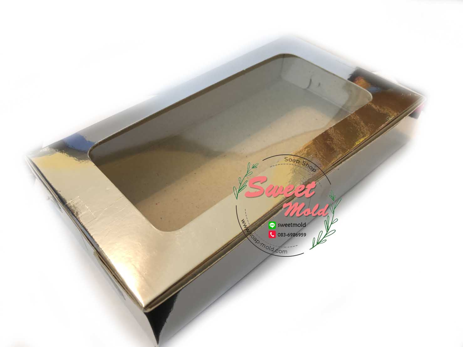 กล่องกระดาษทรงสี่เหลี่ยมผืนผ้าสีฟอยล์ทองโชว์หน้าสินค้า ขนาด 22x12x4 cm. 50 ชิ้น รหัสสินค้า: 005663