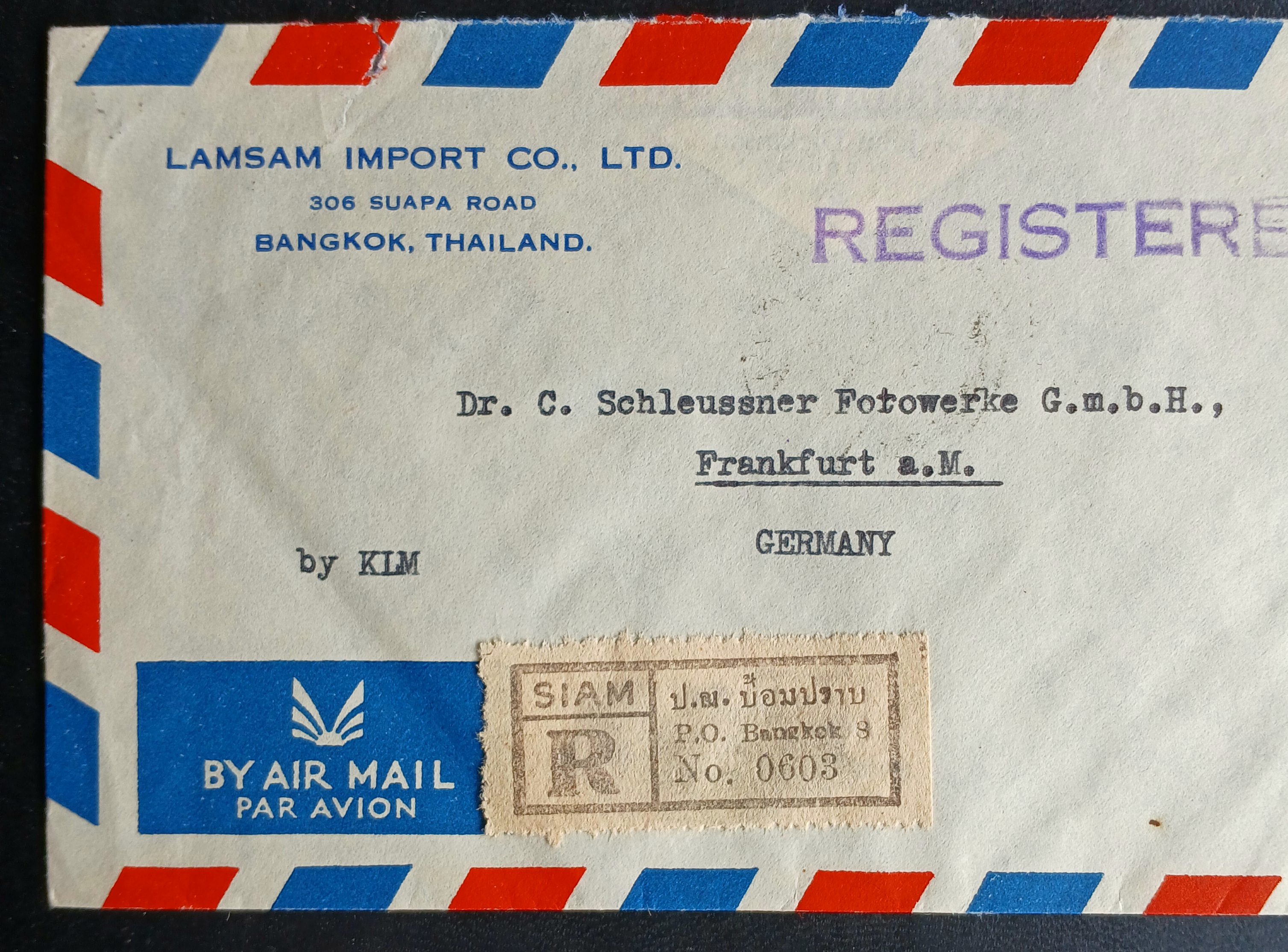 s3479-ซองจดหมายเก่า BANGKOK-GERMANY ป้ายR /SIAM ป.ณ.ป้อมปราบ /REGISTERED ติดแสตมป์พระรูป ร.9 SIAM ปี 2492, THAILAND 2494, บรมราชาภิเษก 2493 (ราคาหน้าดวง รวม 4 บาท 60 สตางค์) มีตราประทับป้อมปราบ 1951, ไปรษณีย์กลาง 2494, FRANKFURT 1951