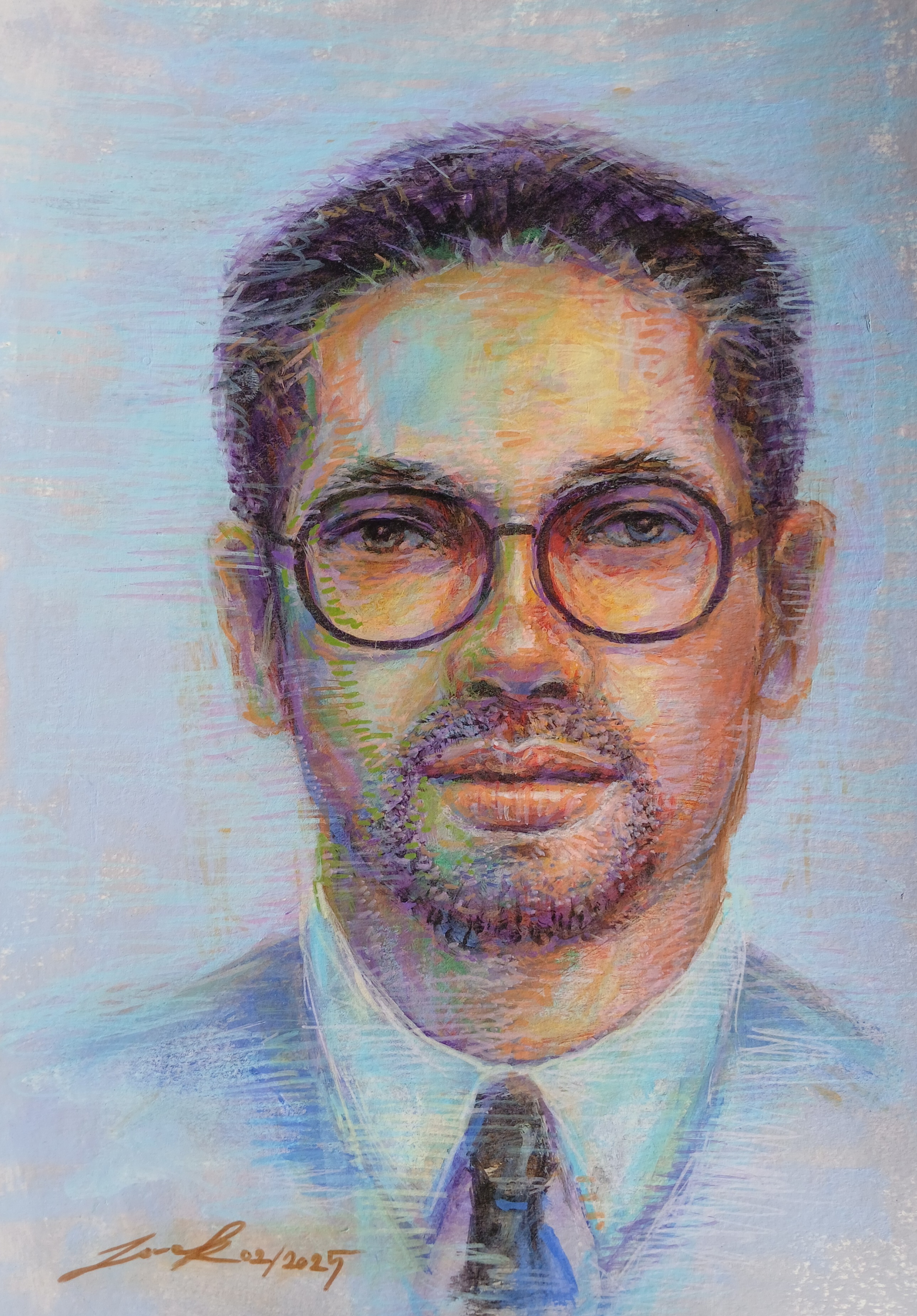 Portrait (วาดเล่น เส้นสี) ภาพวาดสีอะครีลิคและวาดเส้นปากกาอะครีลิค แนว colorful บนกระดาษร้อยปอนด์(200 Gsm.) ขนาด (A4) 21 cm. x 29.7 cm. งานวาด มีชิ้นเดียว ไม่ใช่ภาพพิมพ์หรือโปสเตอร์