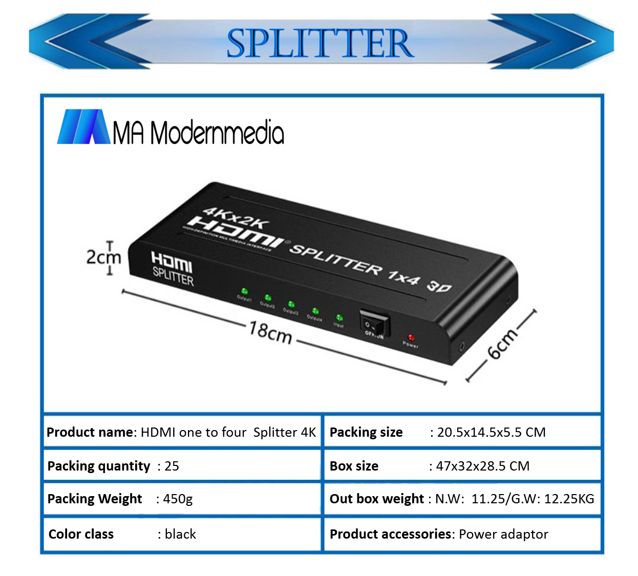 HD104K HDMI Splitter 4K*2K 1in-to-4out Support 3D