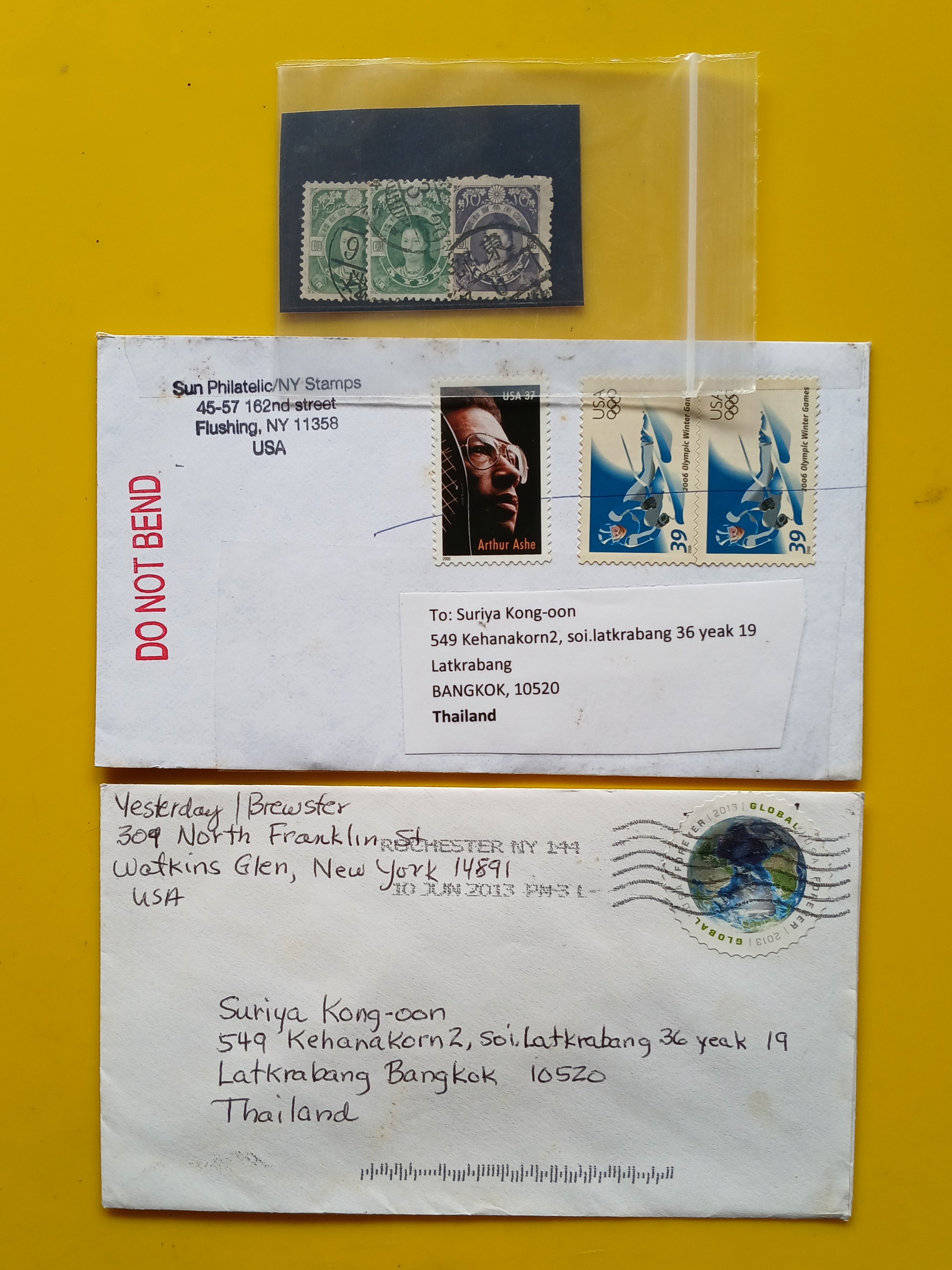 s3461-JAPAN 1914 Empress JINGU , Watermark. แสตมป์ญี่ปุ่น จักรพรรดินี จิงกู พ.ศ.2457 มีลายน้ำ ...ชุด 2 ดวง +ตกเศษหนึ่งดวง ใช้แล้ว เก่าดีปีลึก ...แถมฟรี!! 2 ซองจดหมาย ติดแสตมป์ต่างประเทศส่งมาไทย