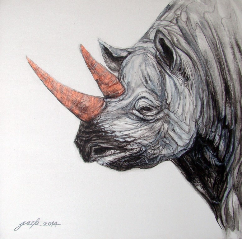 Rhinoceros-ภาพวาดสีอะครีลิค งานเพ้นท์บนเฟรมผ้าใบ canvas ขนาด 50x50 cm.
