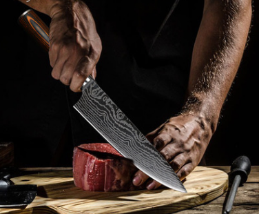 JP-55 มีดเชฟ มีดทำครัว ใบมีดสแตนเลสเลเซอร์ดามัสกัส Sashimi ยาว 13 นิ้ว 1 290 กรัม ดำ 8 นิ้ว