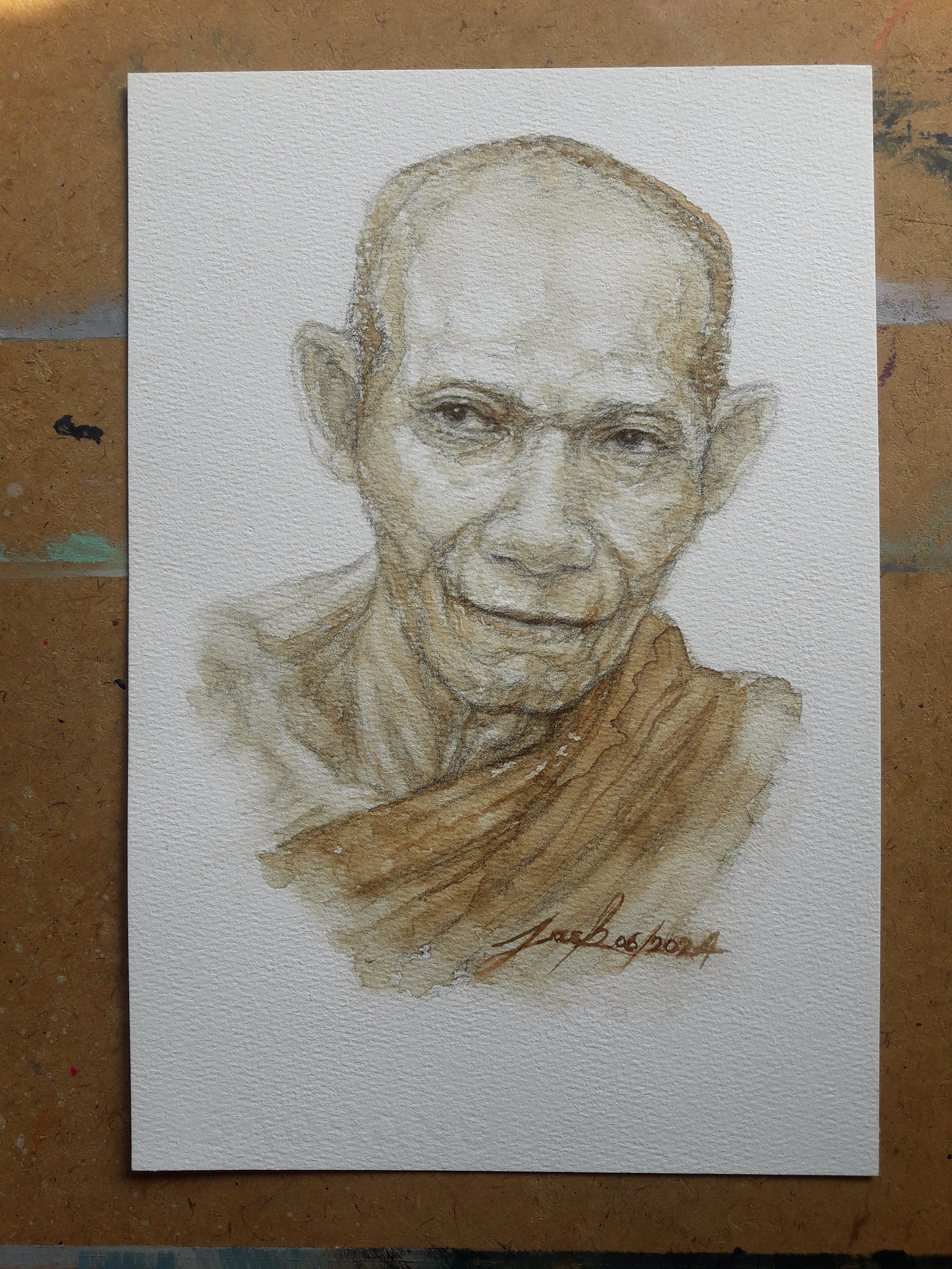 หลวงพ่อเกษม เขมโก สุสานไตรลักษณ์ ลำปาง ภาพวาดจากกาแฟ บนกระดาษ 300 แกรม ขนาด [A4] 31 cm. x 21 cm.งานวาด ไม่ใช่ภาพพิมพ์หรือโปสเตอร์ครับ