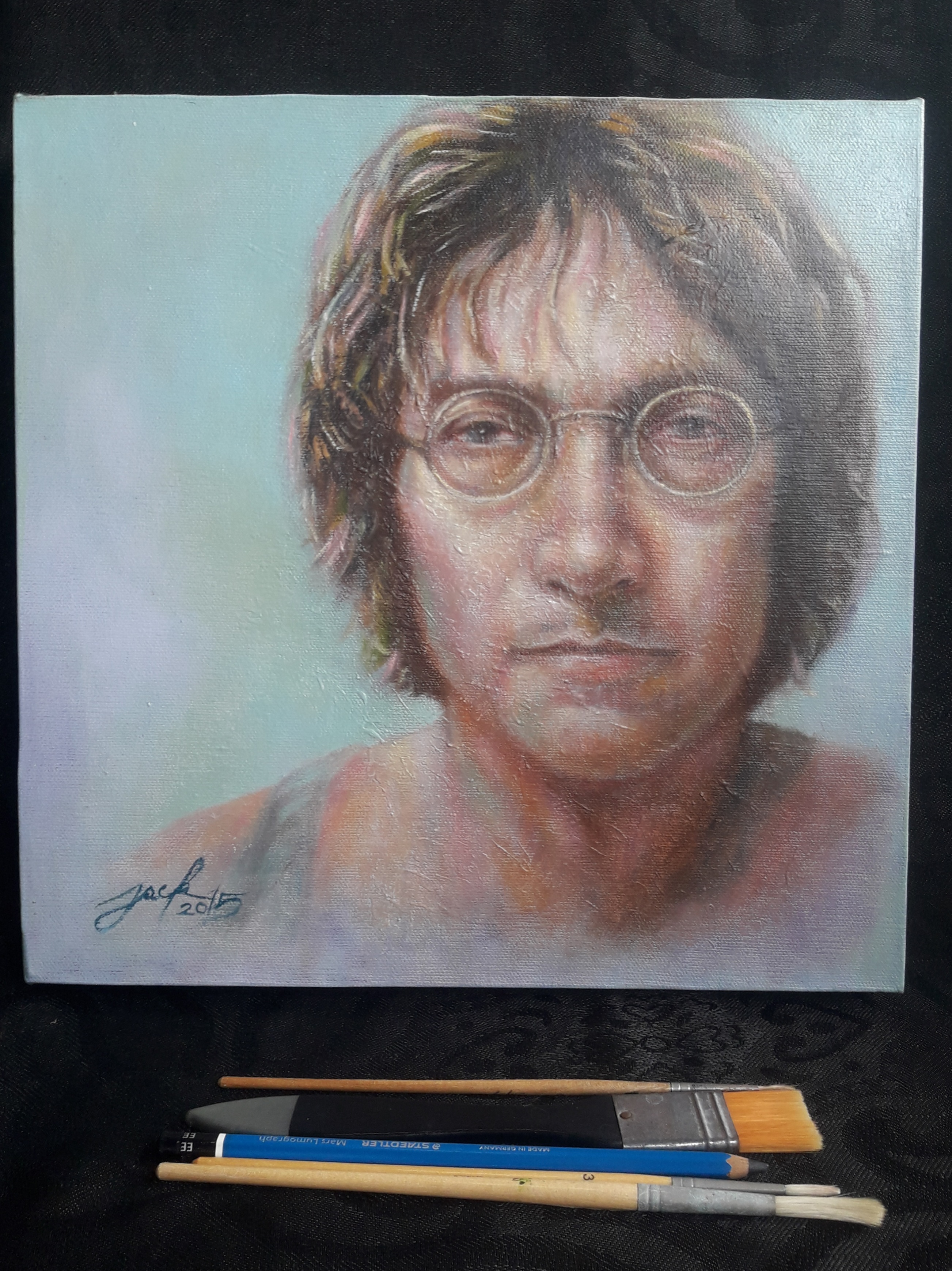 John Lennon ภาพวาดสีน้ำมัน บนเฟรมผ้าใบ ขนาด 30 x 30 cm. [เฟรมแบบขอบหนา 4.5 cm.] งานเพ้นท์ไม่ใช่งานพิมพ์หรือโปสเตอร์