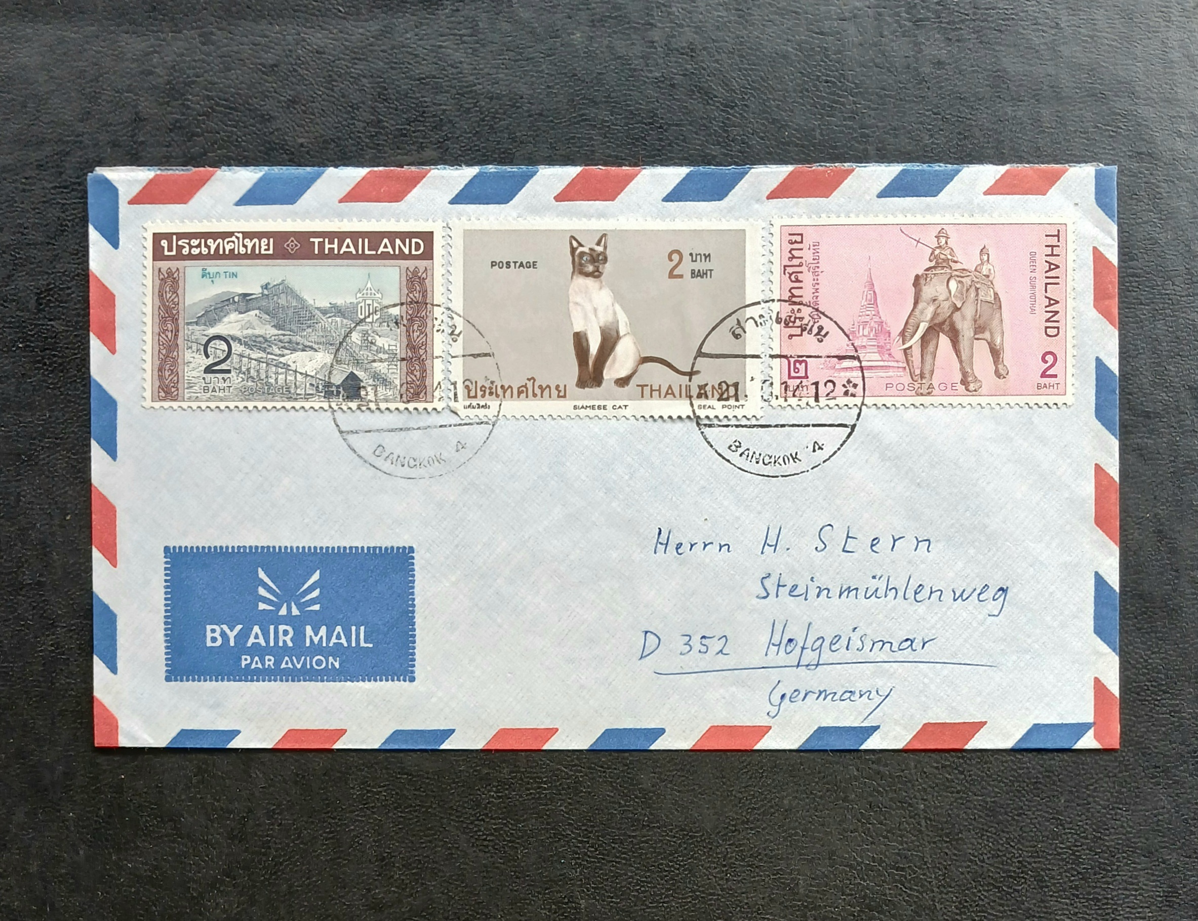ซองจดหมายเก่า ปี 2514 (1971) BANGKOK-GERMANY ติดแสตมป์ ส่งออกดีบุก 2512, วีรกรรมไทย 2513, แมวไทย 2514 มีตราประทับ สามเสนใน ปี 2514