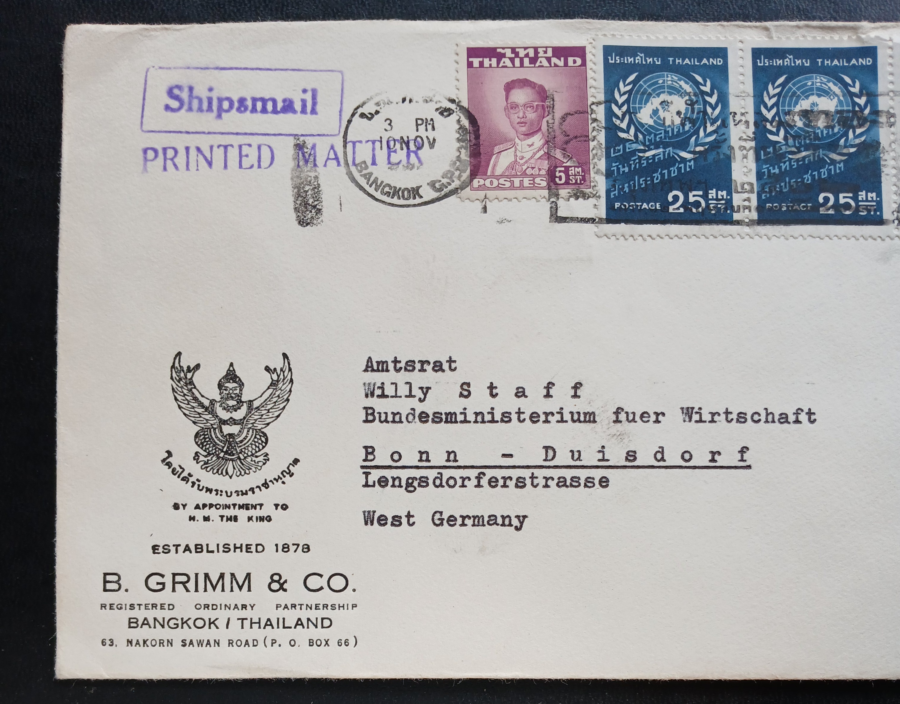 ซองจดหมายเก่า ปี 2502 (1959) BANGKOK-West GERMANY ติดแสตมป์พระรูป ร.9 ชุด2 THAILAND ปี 2494, วันสหประชาชาติ 2502 มีตราประทับ ป.ณ.กลาง ,ตราประทับกีฬาแหลมทอง ครั้งที่หนึ่ง กรุงเทพฯ ๒๕๐๒