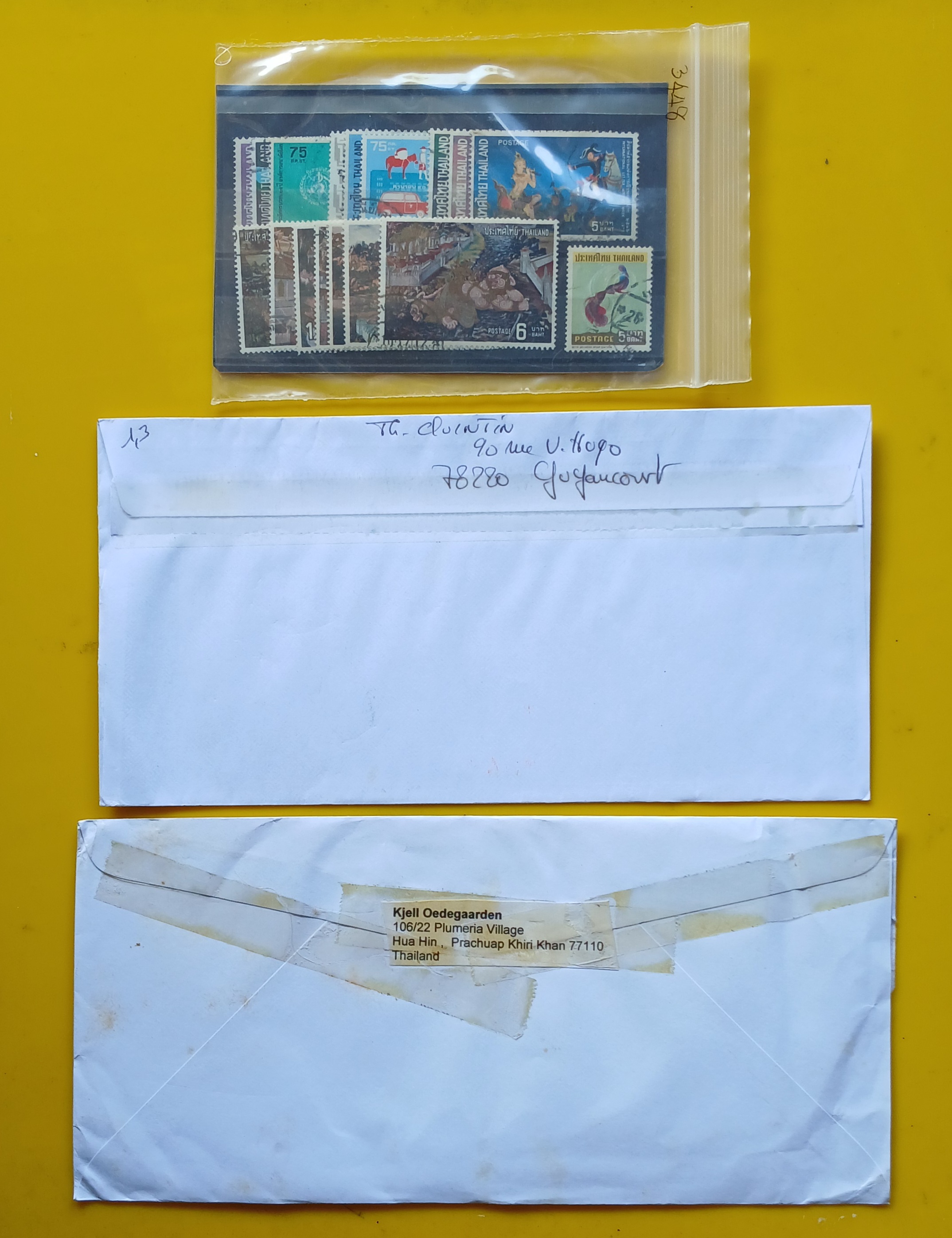 s3448-แสตมป์ไทย ใช้แล้ว ปี 2516 มีดวงเดี่ยว ดวงเศษ (คู่มือ 600+) **แถมปลาไทย ปี 2510 หน้าดวง 5 บาท มีตำหนิรอยฉีกด้านข้าง** +ซองติดแสตมป์ไทย ส่งในประเทศ 1ซอง +ซองติดแสตมป์ต่างประเทศ ส่งมาไทย 1 ซอง