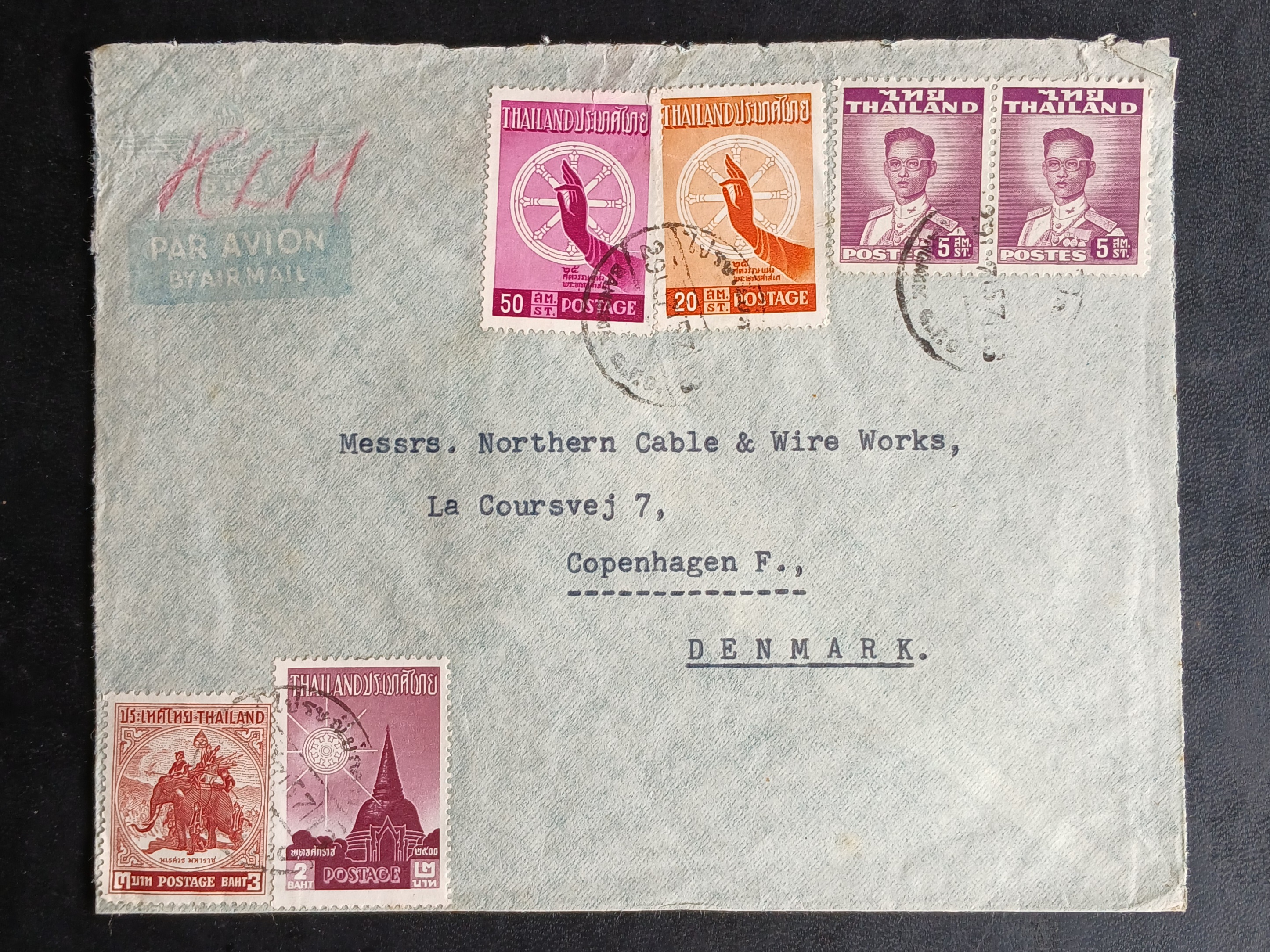 s3481-ซองจดหมายเก่า BANGKOK-Copenhagen DENMARK ติดแสตมป์พระรูป ร.9 THAILAND ปี 2494, พระนเรศวร 2498, ฉลอง 25 พุทธศตวรรษ ปี 2500 (ราคาหน้าดวง รวม 5 บาท 80 สตางค์) มีตราประทับ ไปรษณีย์กลาง 1957 พ.ศ.2500