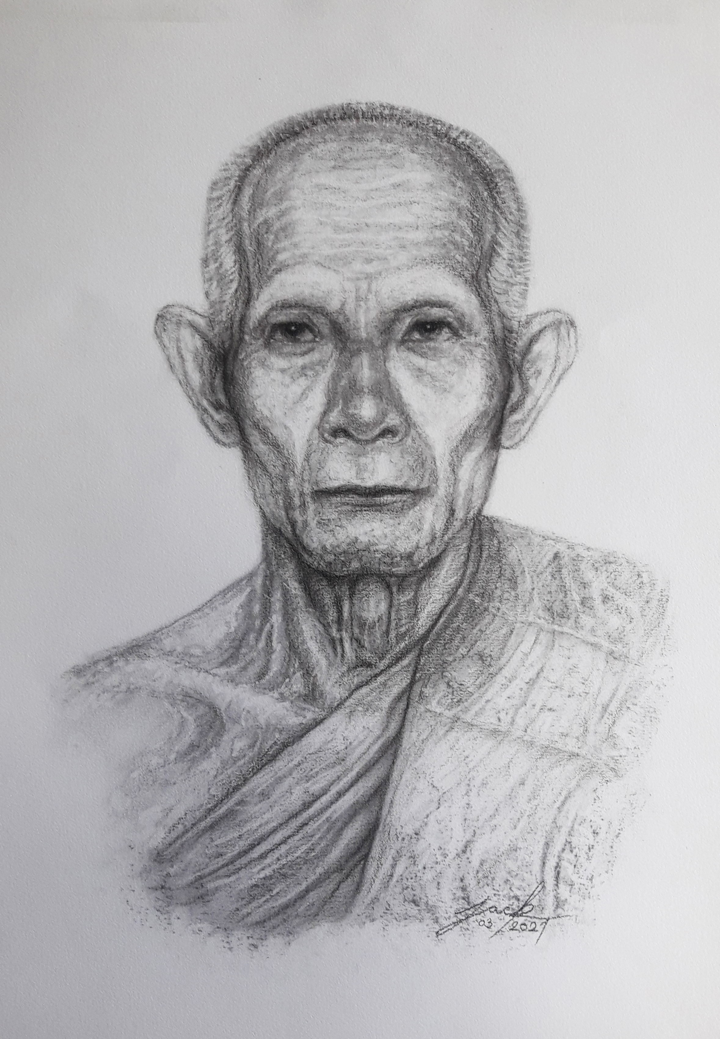 หลวงพ่อรวย วัดตะโก จ.พระนครศรีอยุธยา ภาพวาดดินสอ ชาโคล กระดาษ 100 ปอนด์ ขนาด A3 งานวาดต้นฉบับ ไม่ใช่ภาพพิมพ์หรือโปสเตอร์ครับ