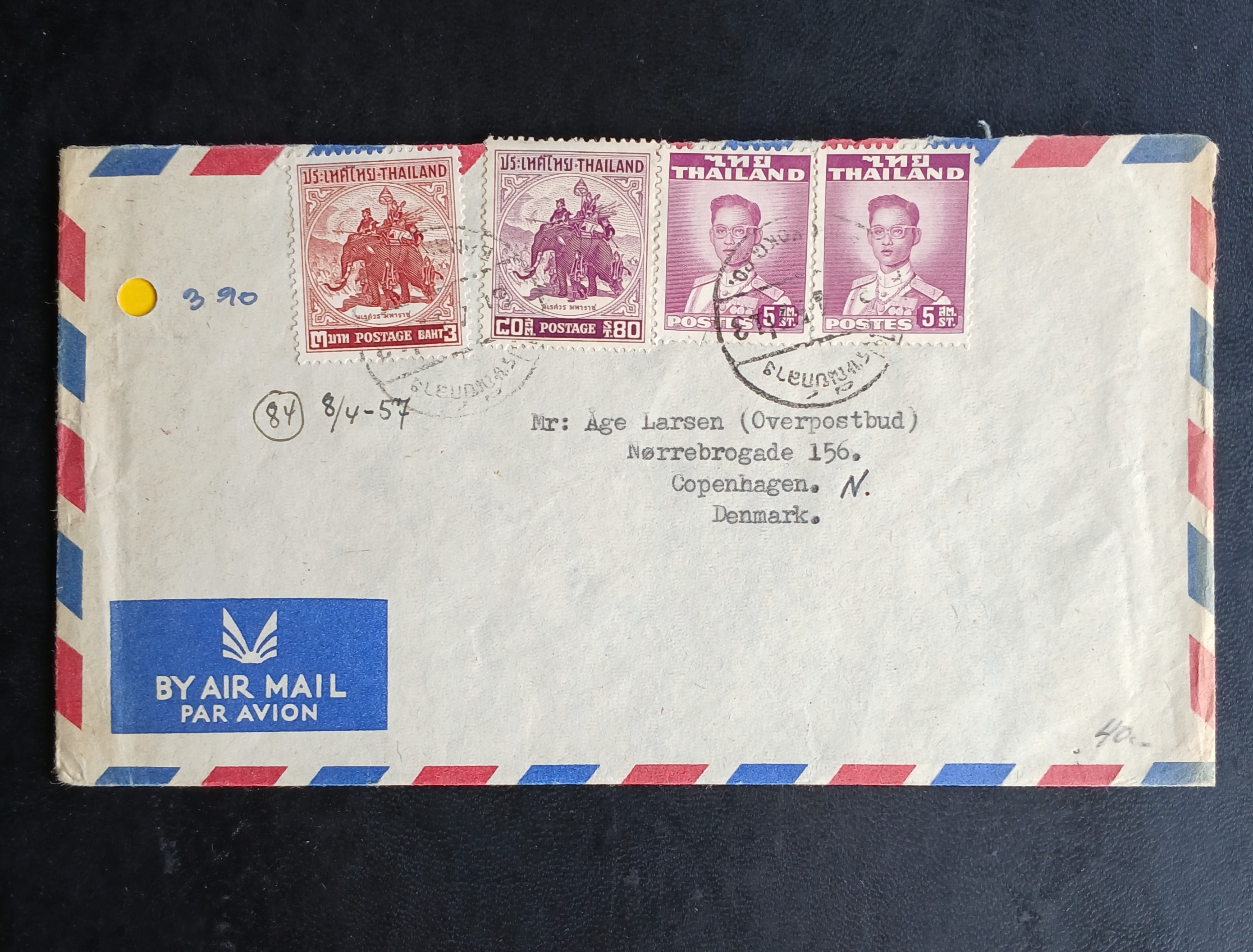 s3471-ซองจดหมายเก่า BANGKOK-Copenhagen DENMARK ติดแสตมป์พระรูป ร.9 THAILAND ปี 2494, พระนเรศวร 2498 (ราคาหน้าดวง รวม 3 บาท 90 สตางค์) มีตราประทับ ไปรษณีย์กลาง 1957 พ.ศ.2500 มีกระดาษไส้ในสีเหลือง