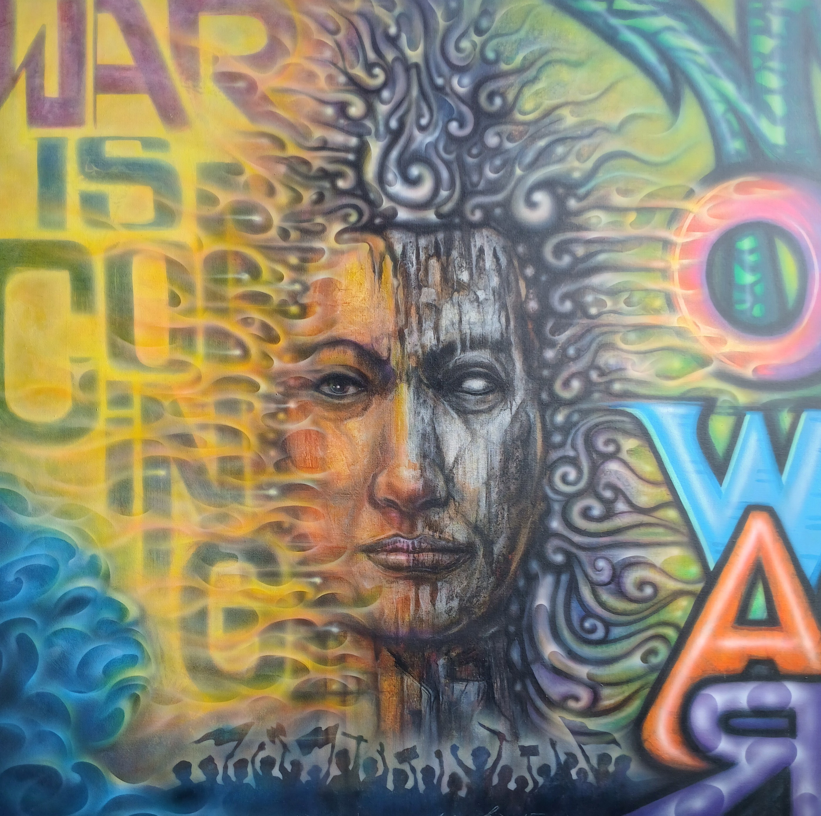 No War 15-3 ภาพวาดสีอะคริลิค และสีแอร์บรัช Createx งานเพ้นท์บนเฟรมผ้าใบ canvas ขนาด 100 x 100 cm.