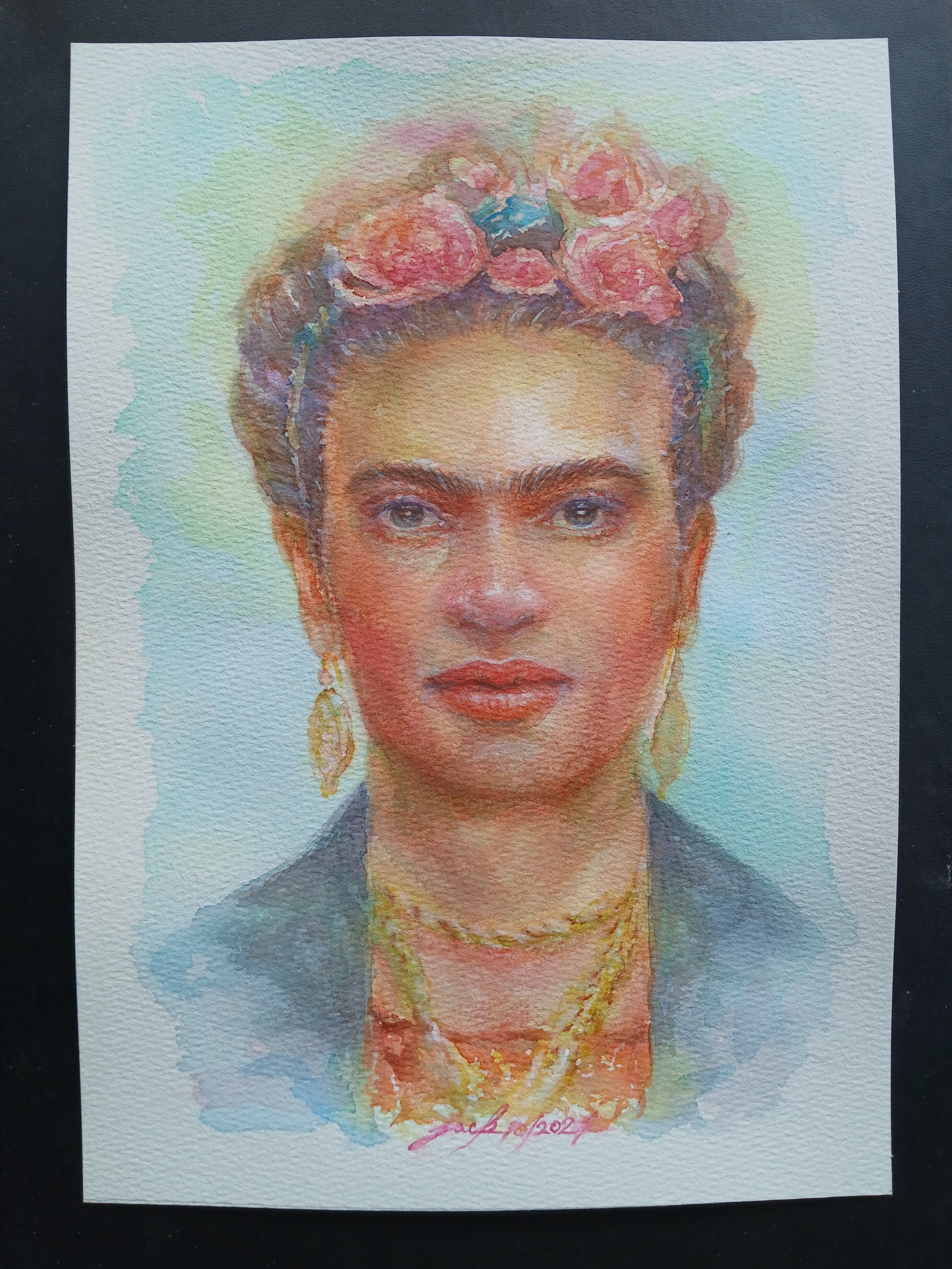 Frida Kahlo ภาพวาดสีน้ำ บนกระดาษ 300 แกรม ขนาด [A4] 21 cm. x 29.7 cm.