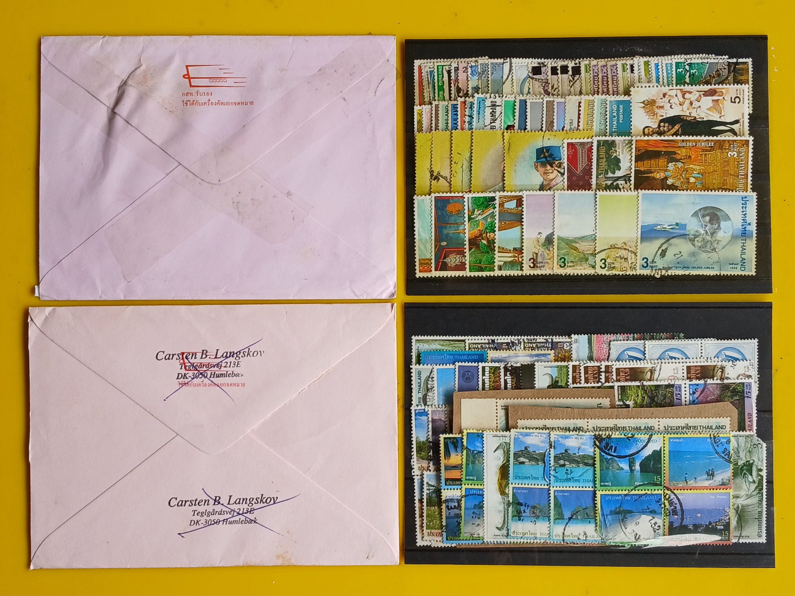 s3467-แสตมป์ไทยใช้แล้ว มีเดี่ยว,บล็อก,คู่,ดวงติดกัน รวม 140 ดวง (ตำหนิขาดมุมไม่นับ)...+ซองจดหมายส่งจริง ติดแสตมป์ไทย 1ซอง ...+ซองจดหมายส่งจริง ต่างประเทศมาไทย 1 ซอง