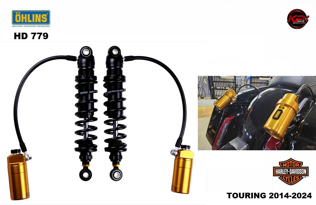 โช๊คอัพหลัง OHLINS HD 779 (328,5 mm, blackline, golden reservoir) FOR HARLEY DAVIDSON TOURING 2014-2024