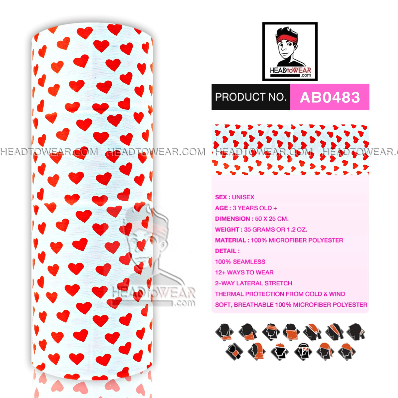 ผ้าโพกหัว ผ้าบัฟ ผ้าคาดผม HeadToWear ลายหัวใจแดงเล็ก Red Heart รหัส AB0483