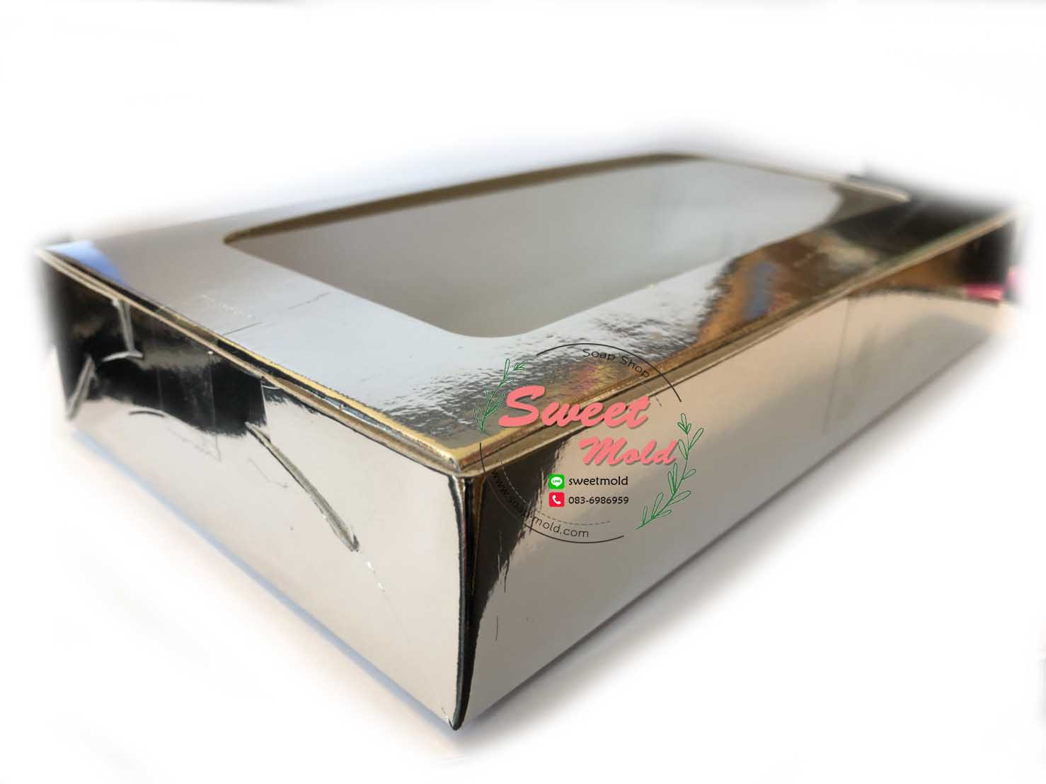 กล่องกระดาษทรงสี่เหลี่ยมผืนผ้าสีฟอยล์ทองโชว์หน้าสินค้า ขนาด 22x12x4 cm. 50 ชิ้น รหัสสินค้า: 005663