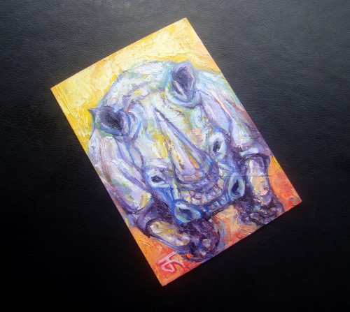 ACEO-ฺRhino ภาพวาดสีน้ำมัน บนกระดาษ 300 แกรม ขนาด 2.5 x 3.5 นิ้ว
