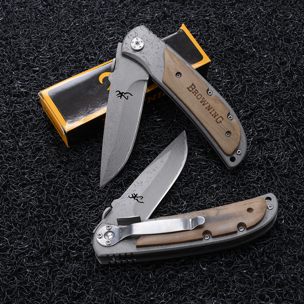 BN-03-04 มีดเดินป่า มีดแคมปิ้ง มีดพับ Browning Outdoor Tools Folding Knife ใบมีดเลเซอร์ลายดามัสกัส 1 290 กรัม
