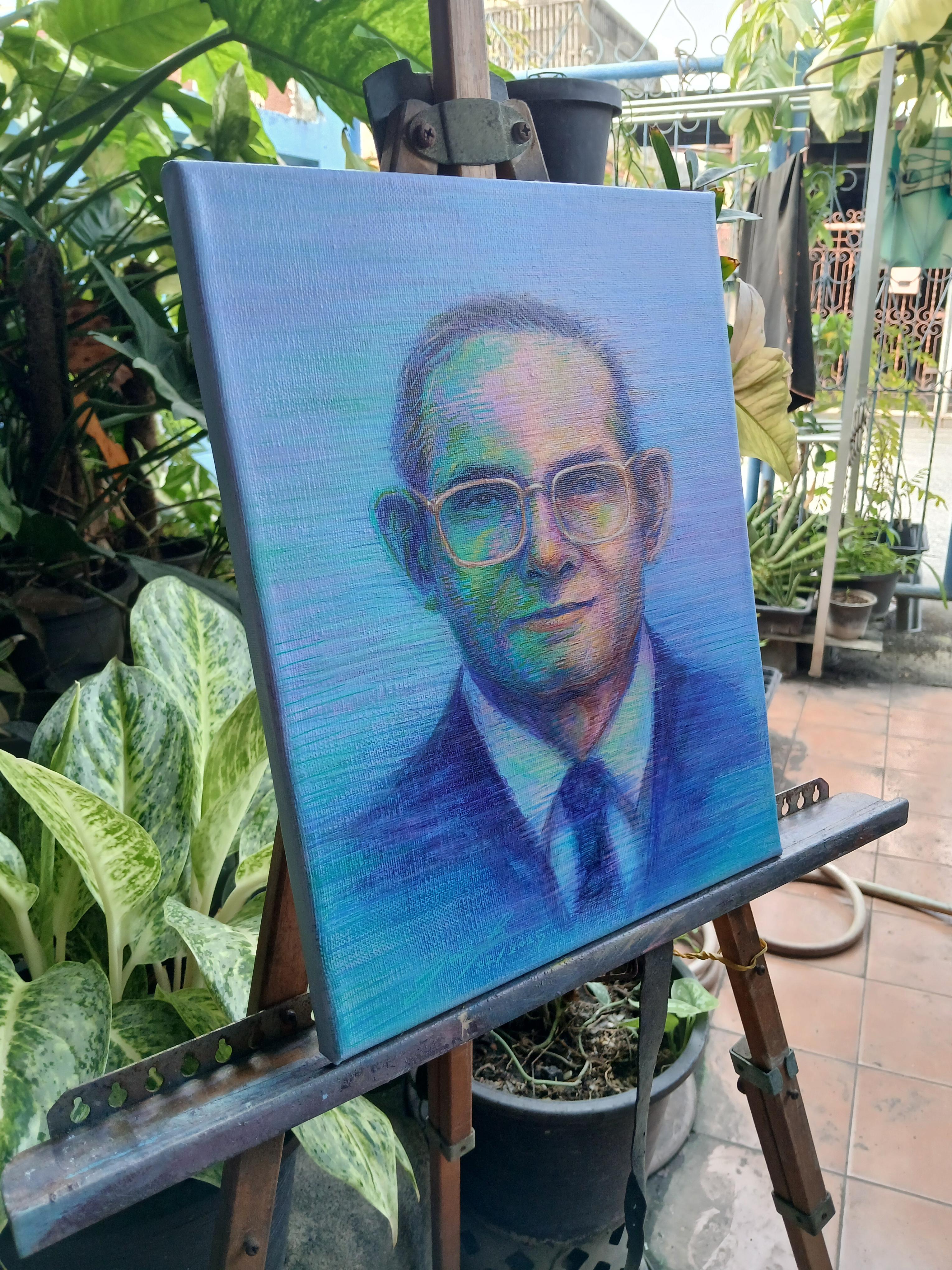 ภาพวาด ในหลวง รัชกาลที่ 9 สีอะครีลิคและวาดเส้นปากกาอะครีลิค แนว colorful บนเฟรมผ้าใบ ขนาด 24 cm. x 29.5 cm.(ประมาณ a4) งานวาด มีชิ้นเดียว ไม่ใช่ภาพพิมพ์หรือโปสเตอร์