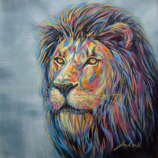 "Lion no.3" ภาพวาดสีอะคริลิค บนผ้าใบ canvas ไม่ขึงบนเฟรม ขนาด 40 x 40 cm.