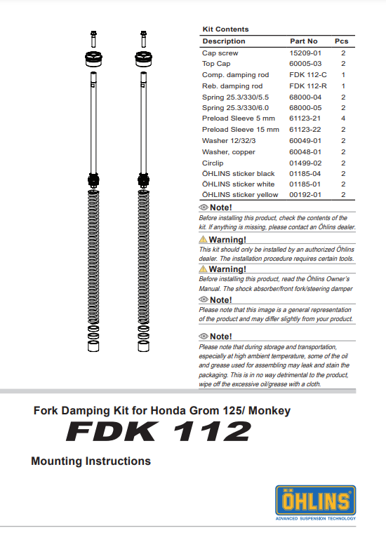 สปริงโช๊คหน้า OHLINS FDK 112 FOR HONDA MONKEY 125 2018-2023