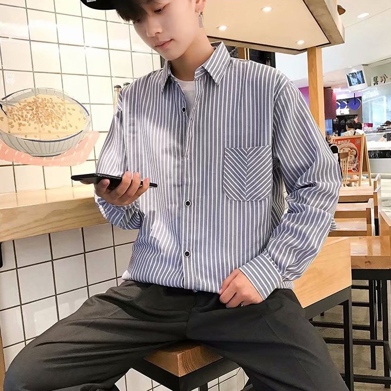✅ ลดล้างสต๊อค (S12 ลายเส้นถี่แนวตั้ง) ผ้า oxford เสื้อเชิ้ตแขนยาว Shirt แฟชั่น เสื้อเที่ยว M L XL XXL 2XL