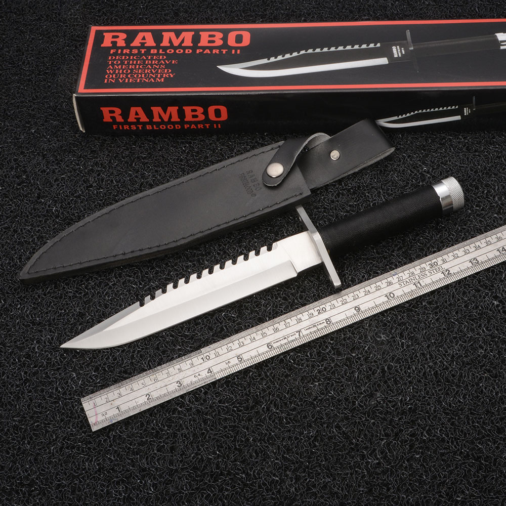 Rambo Part II มีดใบตาย มีดเดินป่า มีดแคมปิ้ง มีดแรมโบ้ 2 พร้อมซองมีดหนังสีดำ ยาวรวมด้าม 13.5 นิ้ว#RB-115 1 740 กรัม Black 13.5 inch.
