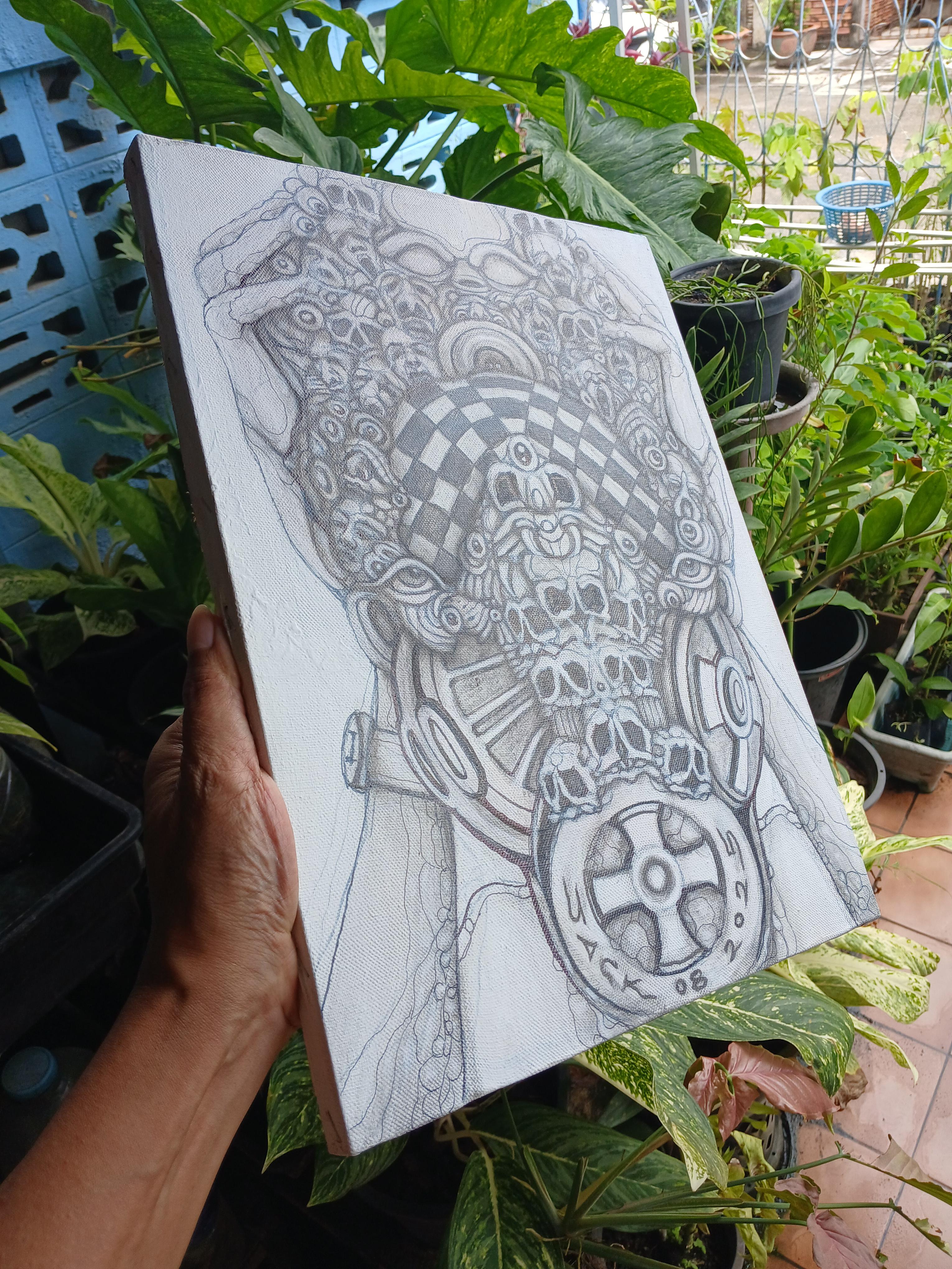 Surreal Portrait 34 งานวาดด้วยปากกาหลายแบบ บนเฟรมผ้าใบเก่า มือสอง รองพื้นสีอะครีลิค ขนาด 30 × 40 cm.