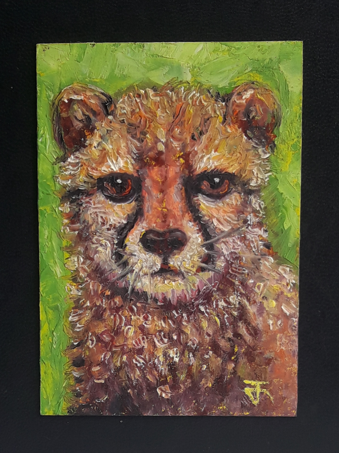 ACEO-ฺCheetah cub ภาพวาดสีน้ำมัน บนกระดาษ 300 แกรม ขนาด 2.5 x 3.5 นิ้ว