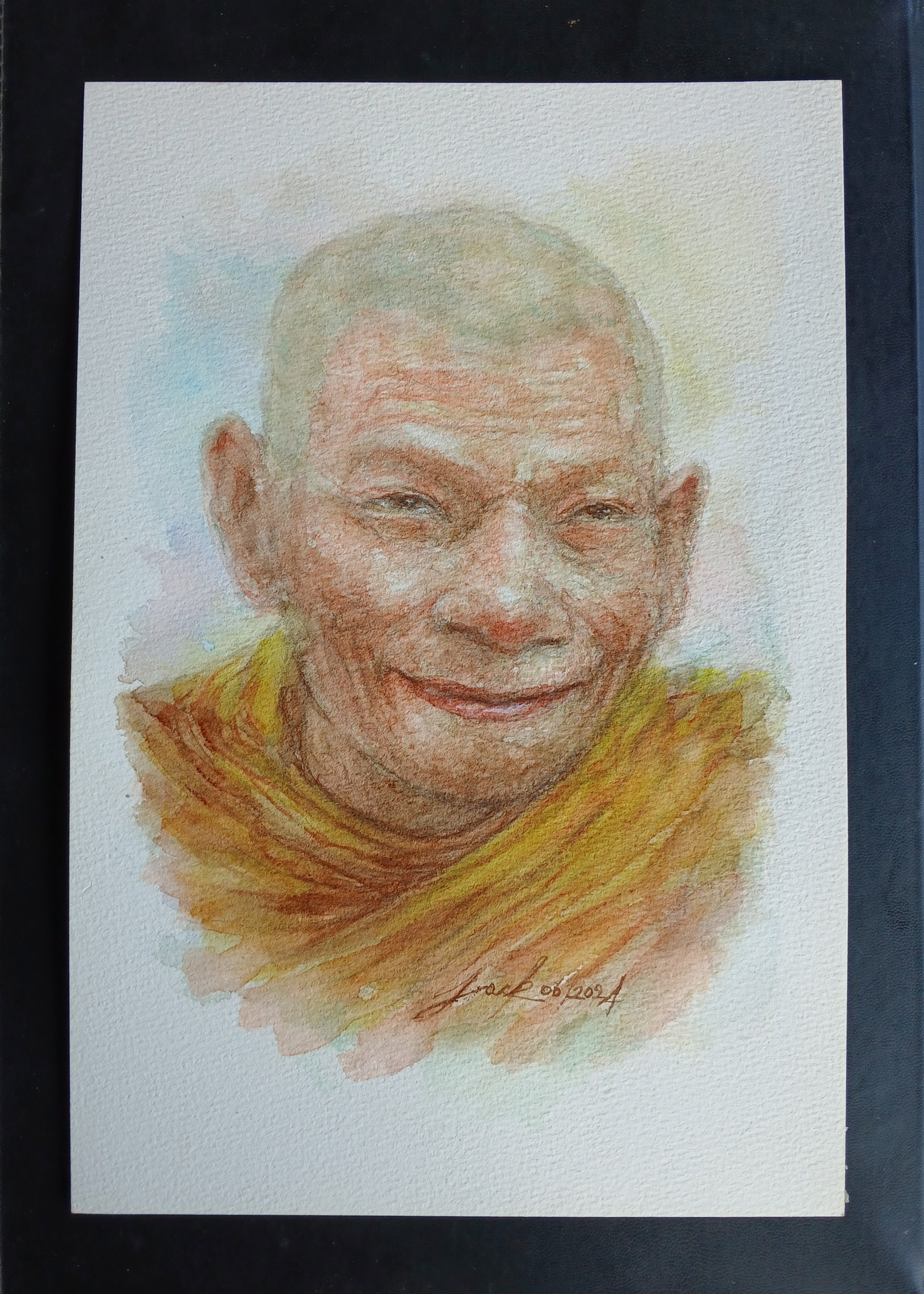 หลวงปู่ศิลา วัดพระธาตุหมื่นหิน จ.กาฬสินธุ์ ภาพวาดสีน้ำ+กาแฟ บนกระดาษ 300 แกรม ขนาด [A4] 31 cm. x 21 cm.งานวาด ไม่ใช่ภาพพิมพ์หรือโปสเตอร์ครับ