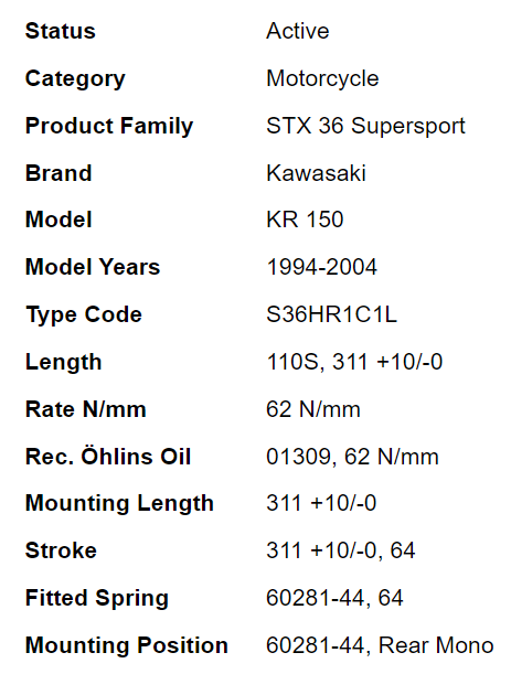 โช๊คหลัง OHLINS KA 764 FOR KAWASAKI KR150