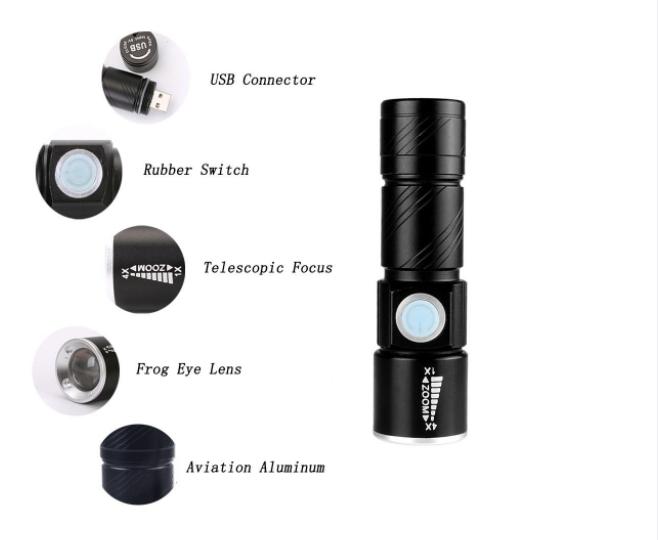 LED FLASHLIGHT USB CHARGE MINI ไฟฉายแรงสูงสว่างเบอร์เเรง ซูมได้ 4เท่า ปรับโหมดได้ 3 โหมด ชาร์ตด้วยUSB สะดวกพกพาสำหรับติดรถติดบ้าน เดินป่า เดินทาง ไฟสำรอง ใช้เป็น Power Bank สำรองได้ เเสงขาว จำนวน 1 ชิ้น
