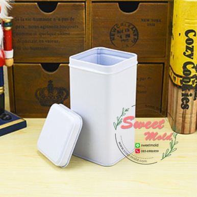 กระป๋องสี่เหลี่ยมสีขาวแบบฝาปิดด้านบน 7.4x7.4x14.4 cm. 10 ชิ้น : 005393