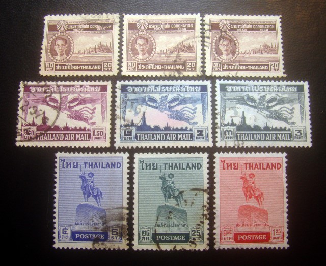 s3108-แสตมป์รัชกาลที่ 9 พระราชพิธีบรมราชาภิเศก พ.ศ.2493 จำนวน 3 ดวง + ชุดพระเจ้าตากสิน ปี 2498 ครบชุด + พญาครุฑ อากาศไปรษณีย์(ชุด4) ปี 2495 ครบชุด ใช้แล้ว ราคาเบา น่าสะสมครับ