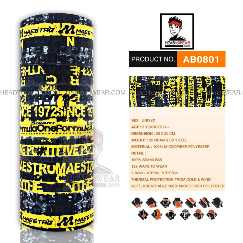 ผ้าโพกหัว ผ้าบัฟ ผ้าคาดผม HeadToWear ลายตัวอักษรสีเหลือง-ดำ รหัส AB0801
