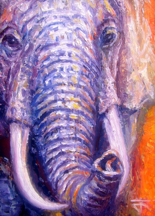 ACEO-ฺChang-Elephant ภาพวาดสีน้ำมัน บนกระดาษ 300 แกรม ขนาด 2.5 x 3.5 นิ้ว