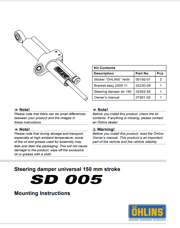 กันสะบัด OHLINS SD 005 สำหรับ Stroke 150 MM