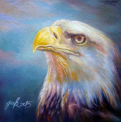 "Bald Eagle" ภาพวาดสีน้ำมัน งานเพ้นท์บนเฟรมผ้าใบ canvas ขนาด 20 x 20 cm.(8x8 inch)