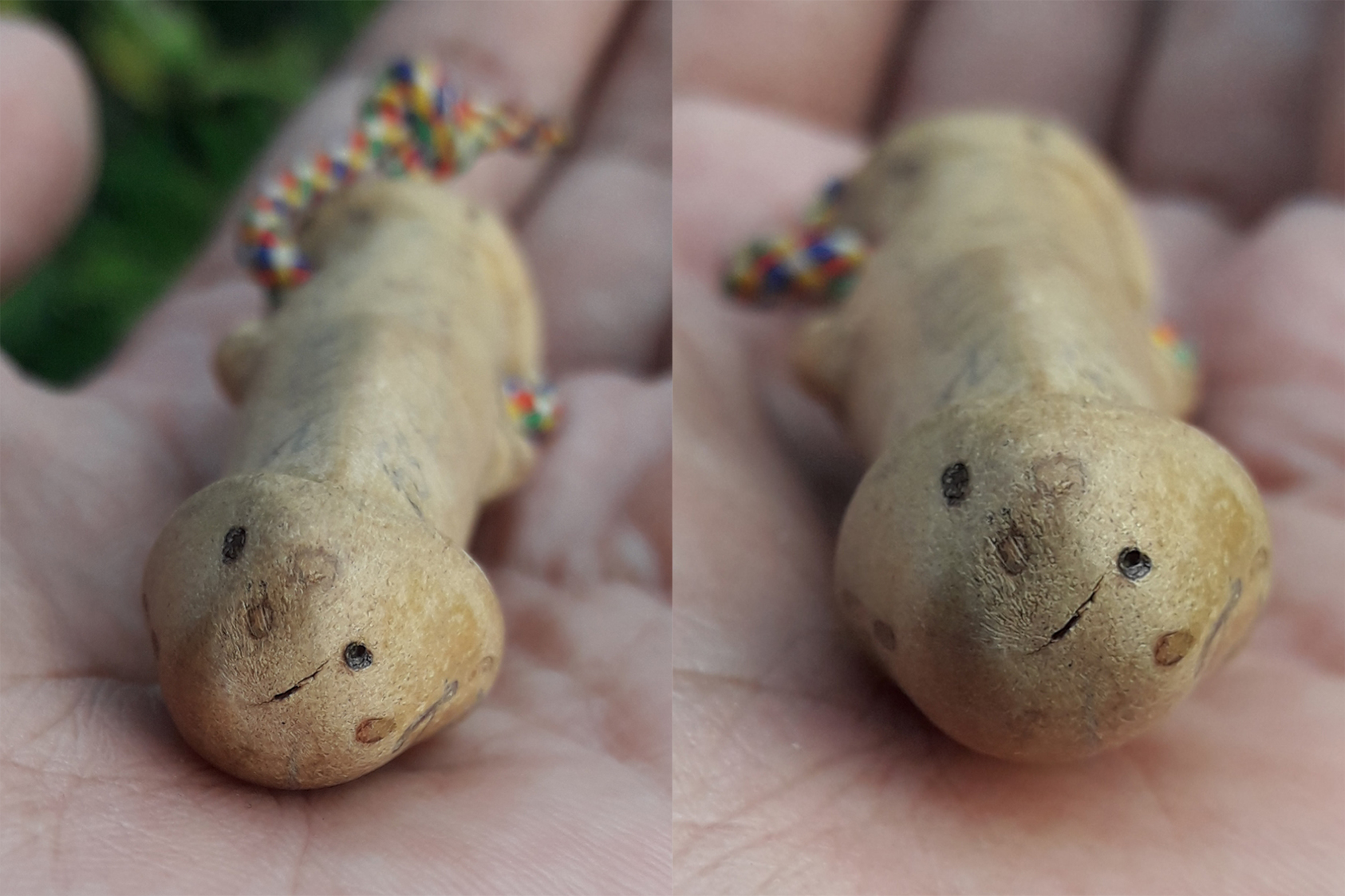 ปลัดขิก ไม้แกะ 2.5 นิ้ว มีจารหมึก ด้านหัวฝังตะกรุด ไม่ทราบที่ครับ