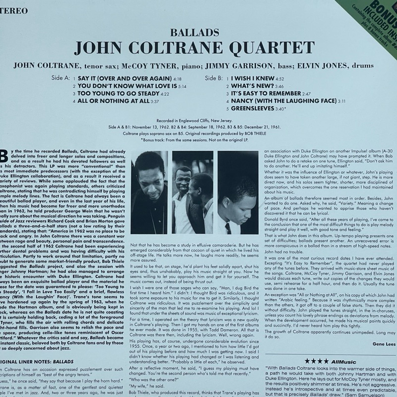 แผ่นเสียง The John Coltrane Quartet - Ballads, Vinyl, LP, Album, **Limited Edition+ Bonus CD มือหนึ่ง ซีล
