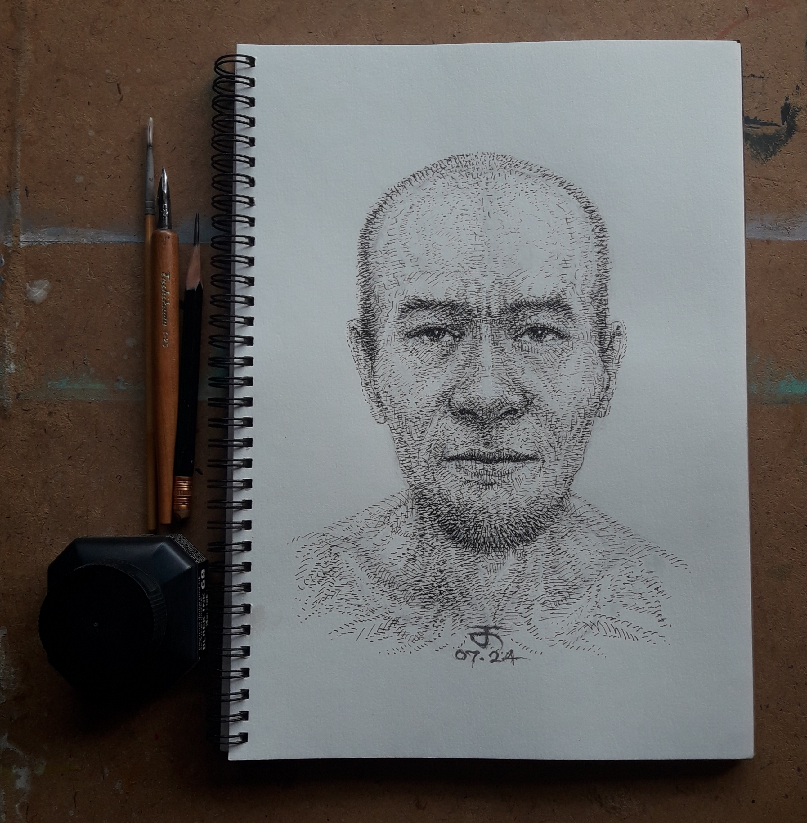 Portrait วาดเส้นด้วยหัวปากกาคอแร้ง Dip pen-Tachikawa G-Pen หมึกคูลิตาเกะ แบล็ค อิ้งค์ 60 กระดาษ 150 แกรม ขนาด [A4] 21 cm. x 29.7 cm.