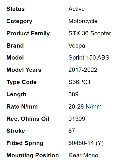 โช๊คหลัง OHLINS FOR VESPA SPRINT 125/150 ABS